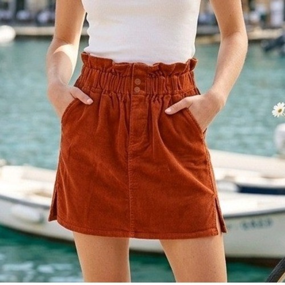 Shinestar L Dark Rust Orange Corduroy Paperbag Waist Mini Skirt Large NEW